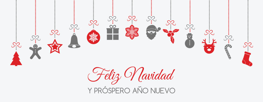 Feliz Navidad - Merry Christmas in Spanish. Concept of Christmas card with decoration. Vector.