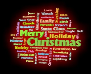 Merry Christmas red color glow 3D texts greetings word cloud facing left up isolated on black