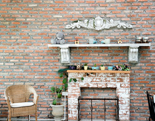 Brick wall in fireplace room