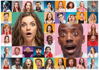 The collage of surprised people