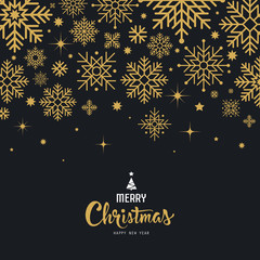 Fototapeta na wymiar Merry Christmas lettering with snowflake gold design on black background, vector illustration