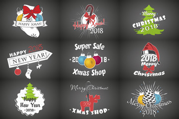 Set of New Year and Merry Christmas. Christmas shopping. Year of the dog. Detailed elements. Old retro vintage grunge. Typographic labels, stickers, logos and badges.