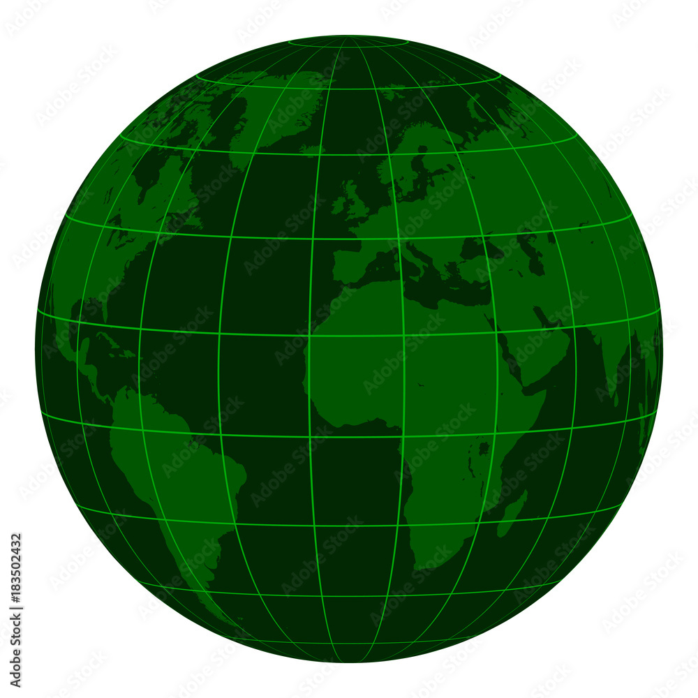 Poster model earth globe with continents and a coordinate grid, dark green matrix of the crisis, the zoom v