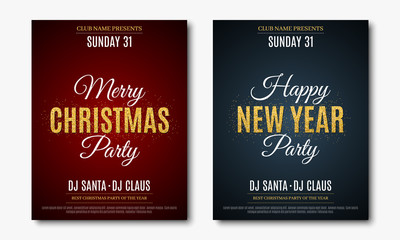 Set posters for Christmas and New Year party. Invitation card. The text is made of gold glitters. Red and blue backgrounds. The names of the DJ and club. Vector