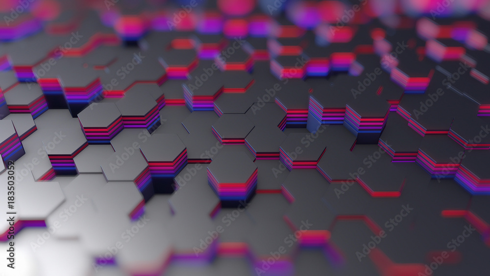 Poster abstract hexagons background , 3d rendering, shallow depth of field.
