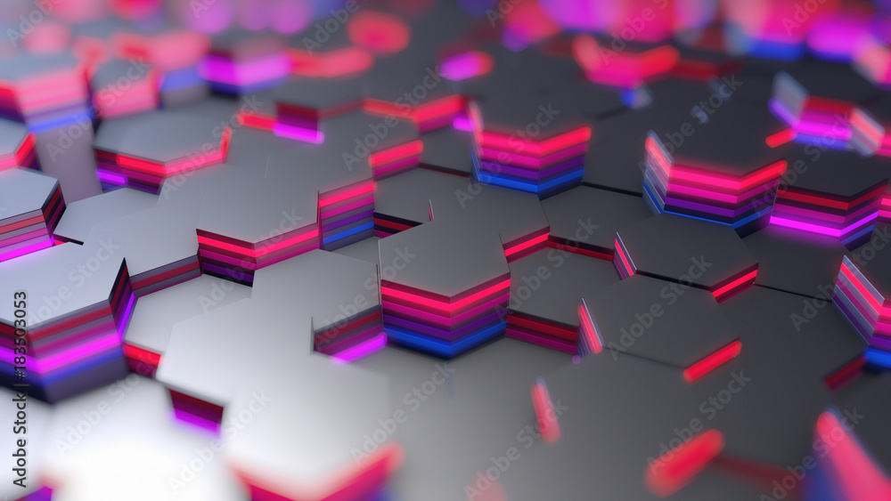 Poster abstract hexagons background , 3d rendering, shallow depth of field.