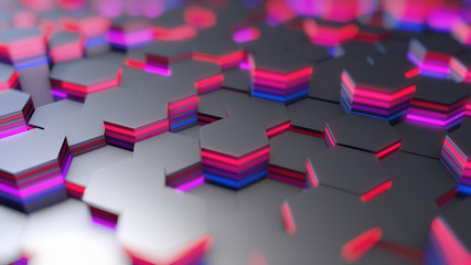 Abstract Hexagons Background , 3D Rendering, Shallow Depth of Field. 