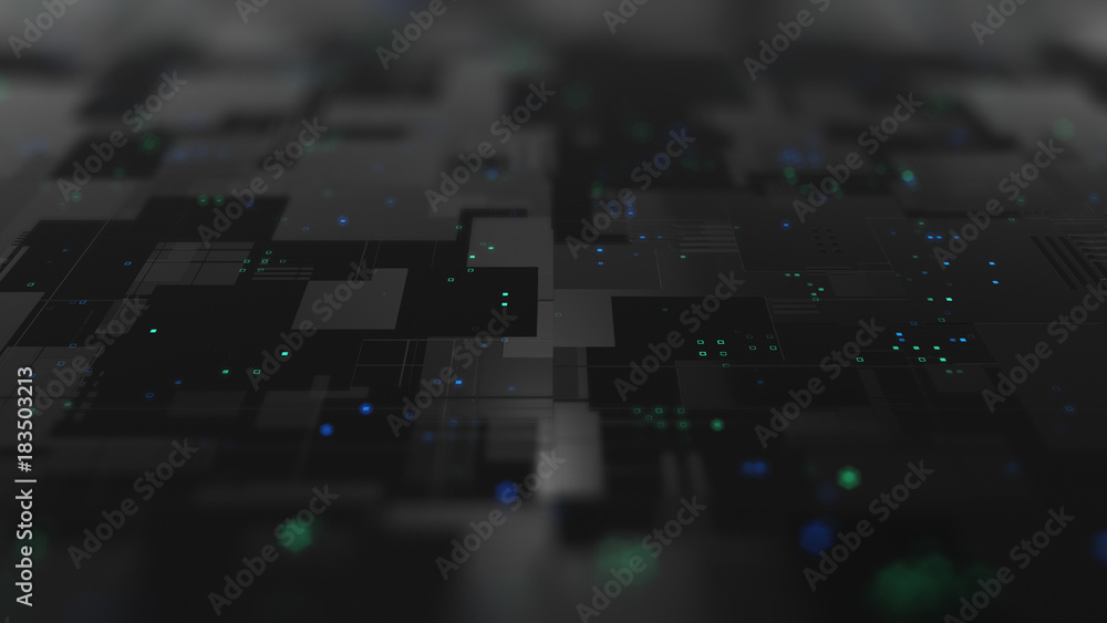 Poster abstract high tech digital technology background made of particles and metallic plates.