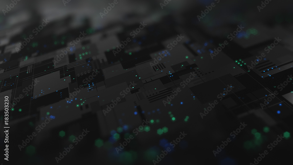 Poster abstract high tech digital technology background made of particles and metallic plates.