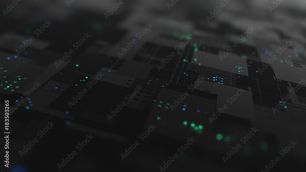 Poster abstract high tech digital technology background made of particles and metallic plates.