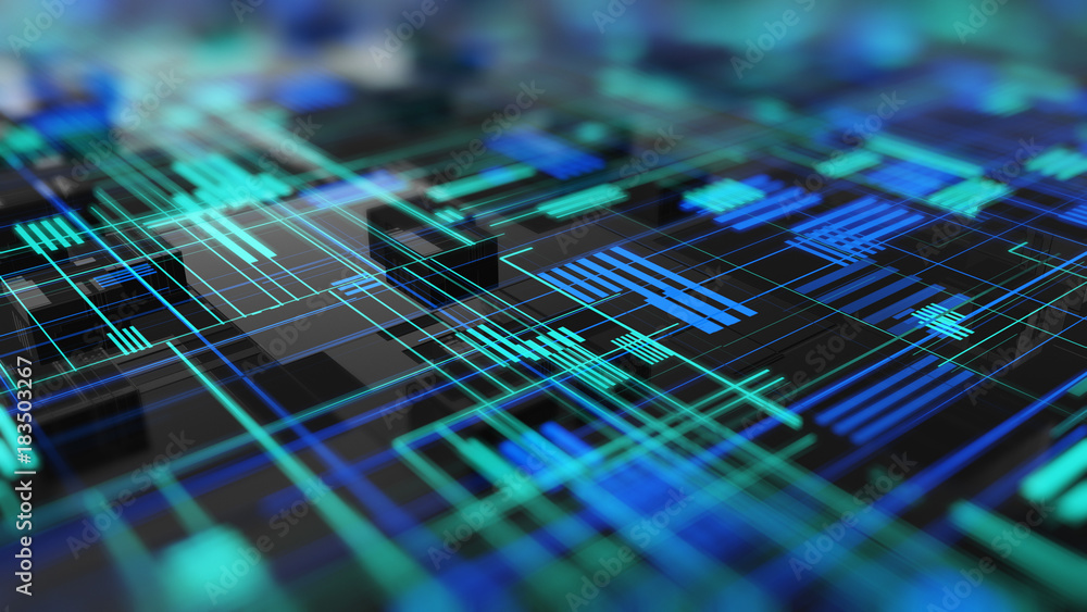Poster abstract high tech digital technology background made of particles and metallic plates.