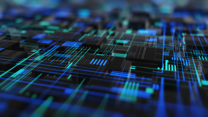 Abstract high tech digital technology background made of particles and metallic plates. 