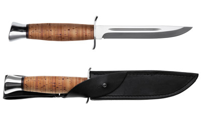 Hunting knife with wooden handle and leather case isolated on white