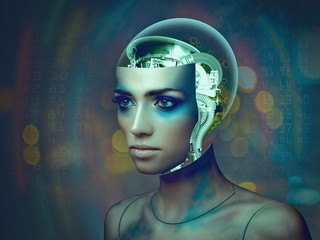 Cybernetic organism, female portrait with science and technology abstract backgrounds