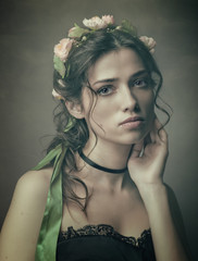 Slavic beauty, retro styled female portrait against abstract art backgrounds