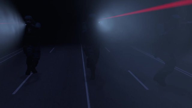 3D animation of a swat team in action with the flashlights and laser sights on