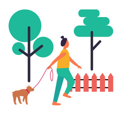 Adult Woman Walking Her Dog Isolated Illustration