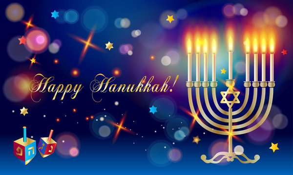 Happy Hanukkah greeting card with traditional symbols, menorah, donut, dreidel, flame candles, candlestick, festive sparkles, bokeh lights transparent realistic effect. Vector illustration.