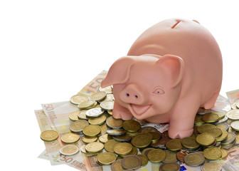 Piggy bank with banknotes and coins