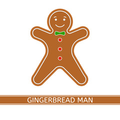 Vector illustration of smiling gingerbread man isolated on white background. Christmas cookie in flat style.