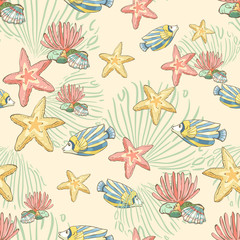 Seamless pattern with hand drawn fish and seastars. Underwater background.