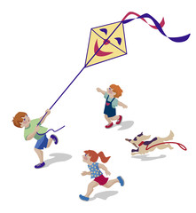 Vector Illustration of children running to fly a kite. Characters set.