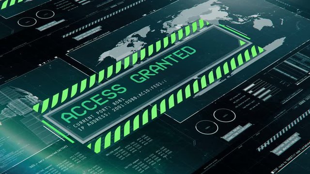 Logging into satellite control center system, access granted, authorization. Program interface with access granted message, system login