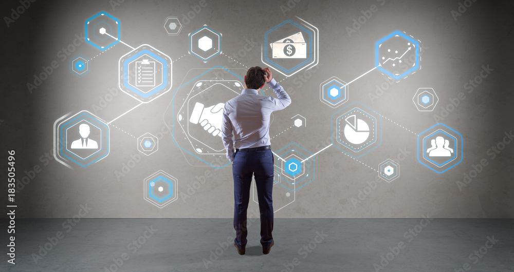 Poster Businessman using partnership interface on a wall 3D rendering