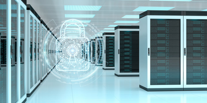 Firewall activated on server room data center 3D rendering