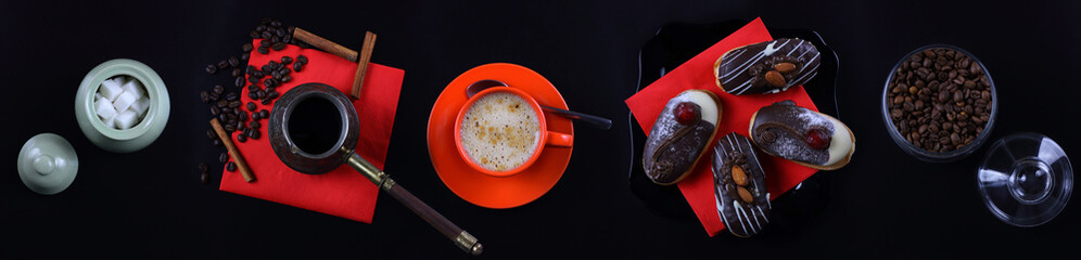 Still-life panorama with a Cup of coffee and cakes