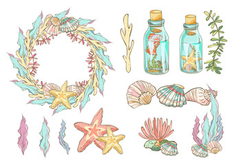 Cute sea set with the wreath of corals and seaweed with shells, bottles with seaweed,star and fish.