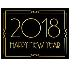 gold happy new year typography art deco frame vector graphic on black