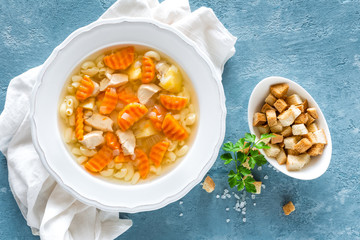 Chicken soup, bouillon with meat, pasta and vegetables