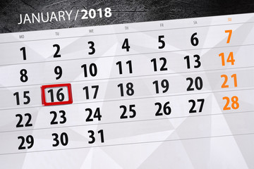 the daily isolated calendar 2018 on the day of January 16
