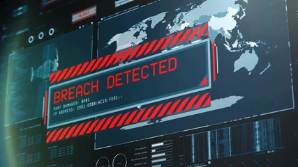 System breach detected warning message, hackers stealing data, security alert. Emergency alert message on screen, hacking in progress