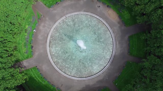 Aerial of Karlaplan Park, Square and Fountain, located in the city of Stockholm, Sweden.