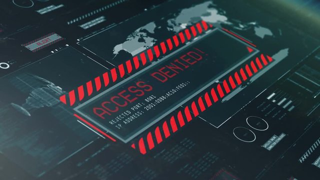 Access denied warning message on screen, login attempt, data theft prevention. Emergency alert message on screen, hacking in progress