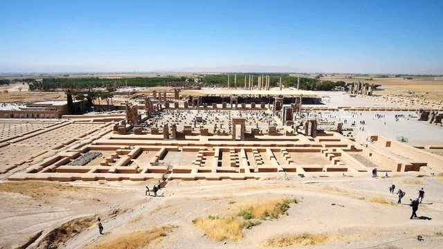 The wide panorama of Persepolis archaeological site from the viewpoint on the slope of Rahmet Mount (Mount of Mercy),  Persepolis, Iran