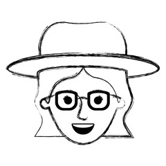 Obraz na płótnie Canvas female face with hat and glasses and short wavy hair in monochrome blurred silhouette vector illustration
