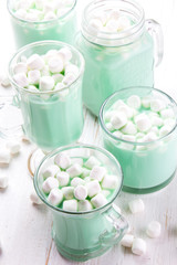 Hot white mint chocolate with marshmallows, white background. Holidey drink