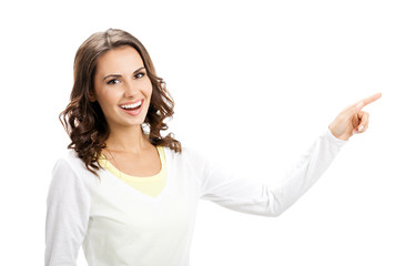 Beautiful young woman showing blank signboard