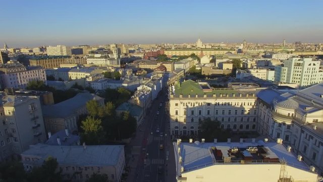 panorama of Moscow. Flight to Moscow Kremlin near Red square. City center, downtown. Day road traffic. Day, evening.  UltraHD 4K. ?ld buildings, historical center.