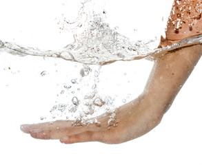 hand in water isolated on white background