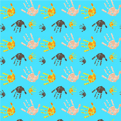 The pattern of kids´ hands on the blue background.