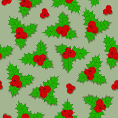 christmas background holly berry with green leaves and red berries with shadow on beige vecror seamless pattern