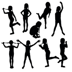 The collection of kids&acute;silhouettes which are playing and dancing.