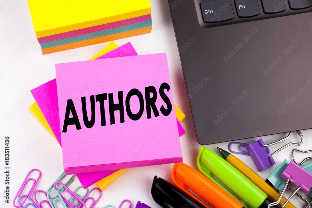 Aufkleber writing text showing authors made in the office with surroundings such as laptop, marker, pen. busin