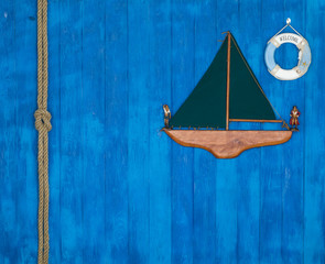 marine composition, travel concept, blue marine background, decorative sailing ship