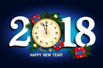 2018 New Year card  with clock, gift box, candy cane, pine branches decorated, gold stars and bubbles on blue background. Vector illustration