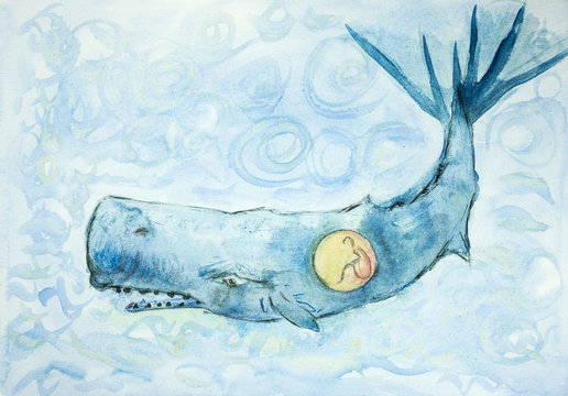Jonah and the whale in curly water. The dabbing technique gives a soft focus effect due to the altered surface roughness of the paper.